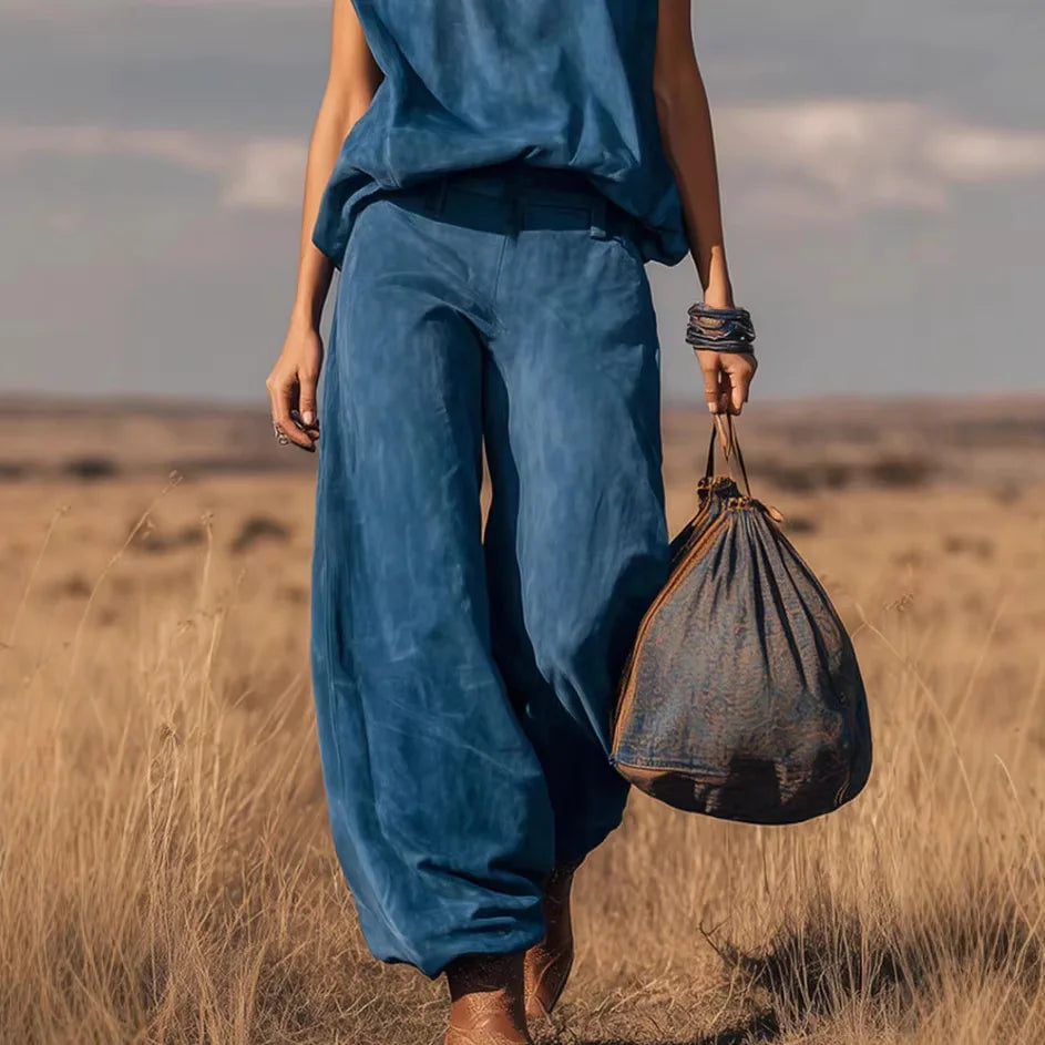 New Fashion Shirt + Wide Leg Pants Two-piece Sets Women Summer Casual Loose Solid Color Denim Top And Trousers Suit For Women
