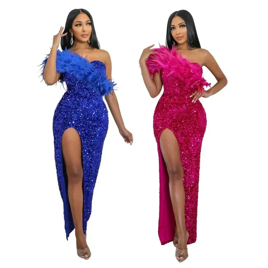 Vestido de Noche Largo con Abertura, Lentejuelas de Plumas de un Hombro, para Fiesta de Graduación, Elegante de Lujo para Celebridades, Club Nocturno, Vestidos Ajustados Sexys