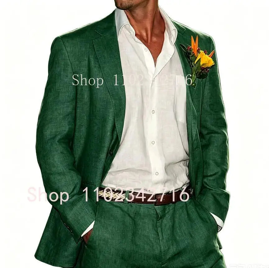Beige Linen Men Suits 2 Pieces Beach Wedding American Style Jacket