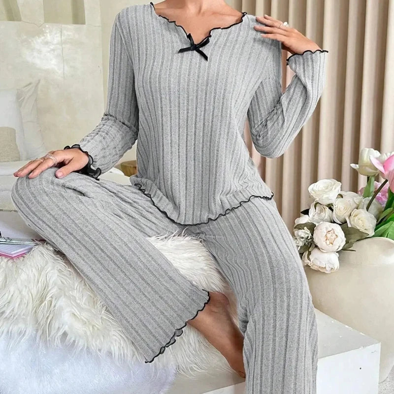 Women Autumn Winter Sleepwear Ribbed Pajamas Set Long Sleeve Top and Long Pants 2 Piece Set Casual Homewear Loungewear