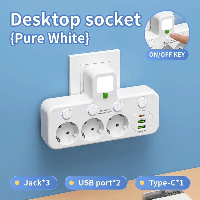 EU plug and socket 4 sockets, multi plug wall power plug and socket without extension cable or USB and Type-C port