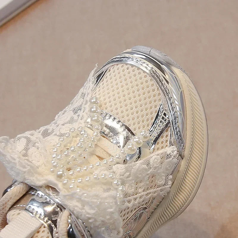 Girls Sports Shoes Princess Style Children Sneakers Thick Soft Sole 2025 New Fashion Kids Running Shoes Mesh Bows Sweet Cute