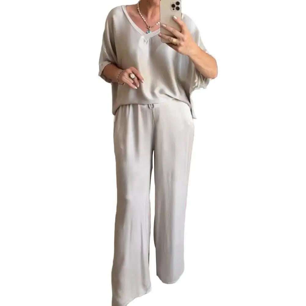 Summer Short-sleeved T-shirt Two-piece Set For Women V-neck Top Pullover Wide-leg Pants Suit For Women Spring Loose Satin Suit