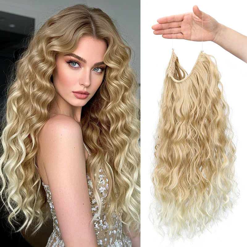 Long Synthetic Fishing Line Hair Extensions Elegant Water Wave Curly Styles for Women | Lightweight Fluffy-Looking Hairpiece