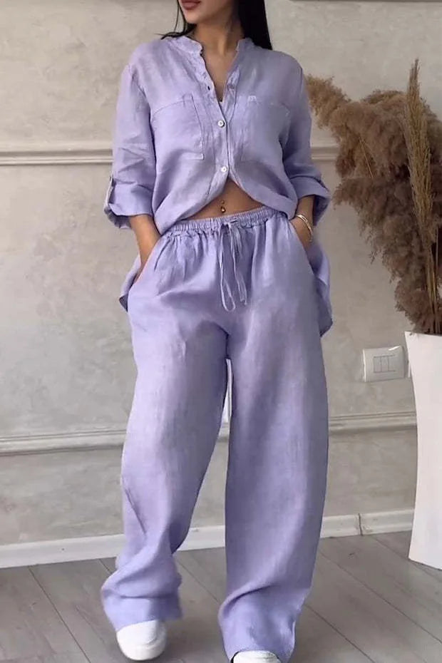 Autumn Cotton And Linen Pant Sets Women Fashion Long Sleeve Shirts Lace Up Pant Two Piece Set Casual Loose Wide Leg Pants Suit