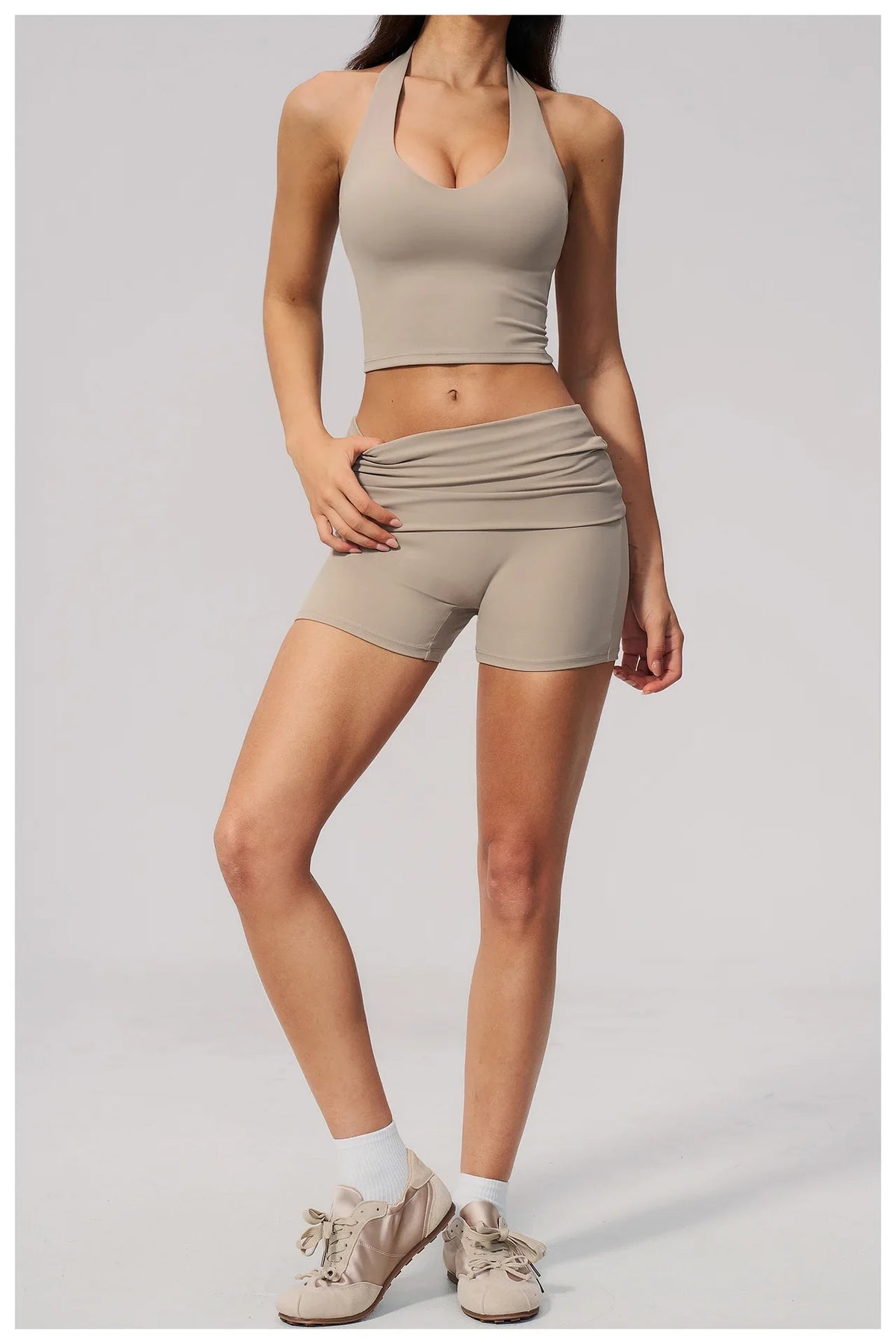 2PCS Yoga Set Women V-neck Cross Neck Shock-absorbing Sports Vest Workout Pleate Flip High Waist Shorts Gym Runing Fitness Suits