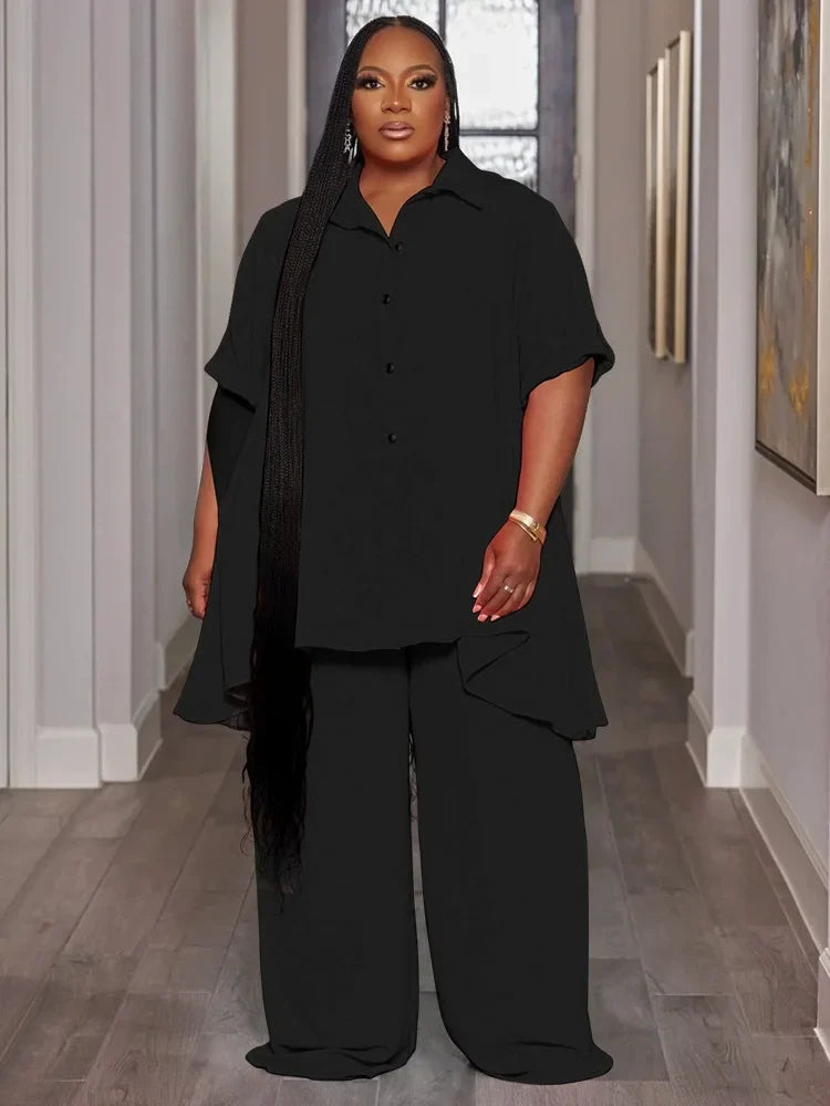 Wmstar Women Plus Size Two Piece Set 5XL Summer Casual Solid Button T Shirt Wide Leg Pants Female Outfits Wholesale Dropshipping
