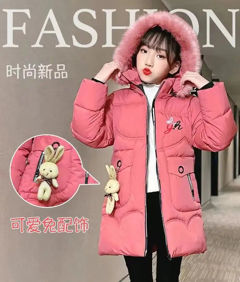 4 Color Big Size Winter Keep Warm Long Style Girls Jacket Teenage Thick Heavy Cold-proof Hooded Windbreaker Coat For Kids