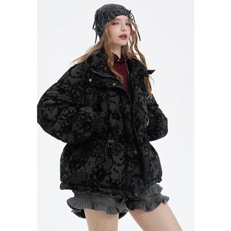 ELFSACK 2025 Puffy Down Coat Women Jacquard Embroidery Waist Gathered Gothic Royal Vintage Y2K Winter Long Puffer Jacket