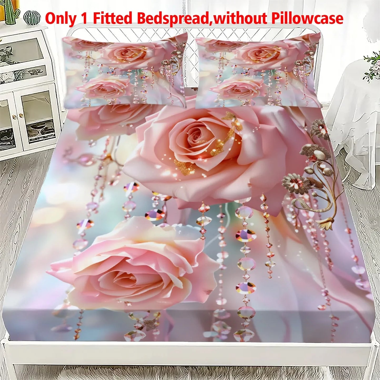 1pc 3D Pink Roses with Crystal Bead Print Fitted Sheet Deep Pocket