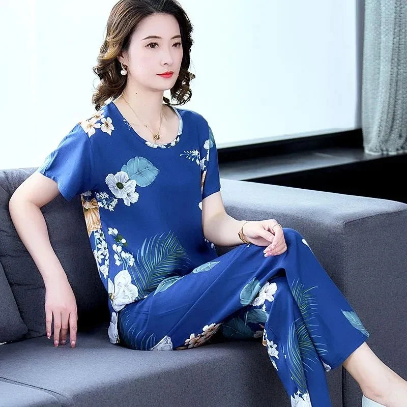 Cotton Silk Suit Summer Women's Sets New Casual Solid Color Short Sleeve Ankle-Length Pants 2 Piece Set Middle Age Mother Outfit
