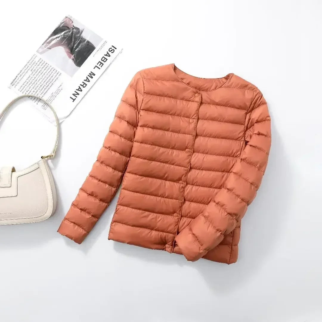 New Female Light Down Coat Women Liner Duck Down Jacket O-neck Variable V-neck 2024 Fall Collarless Light Quilted Puffer Coat
