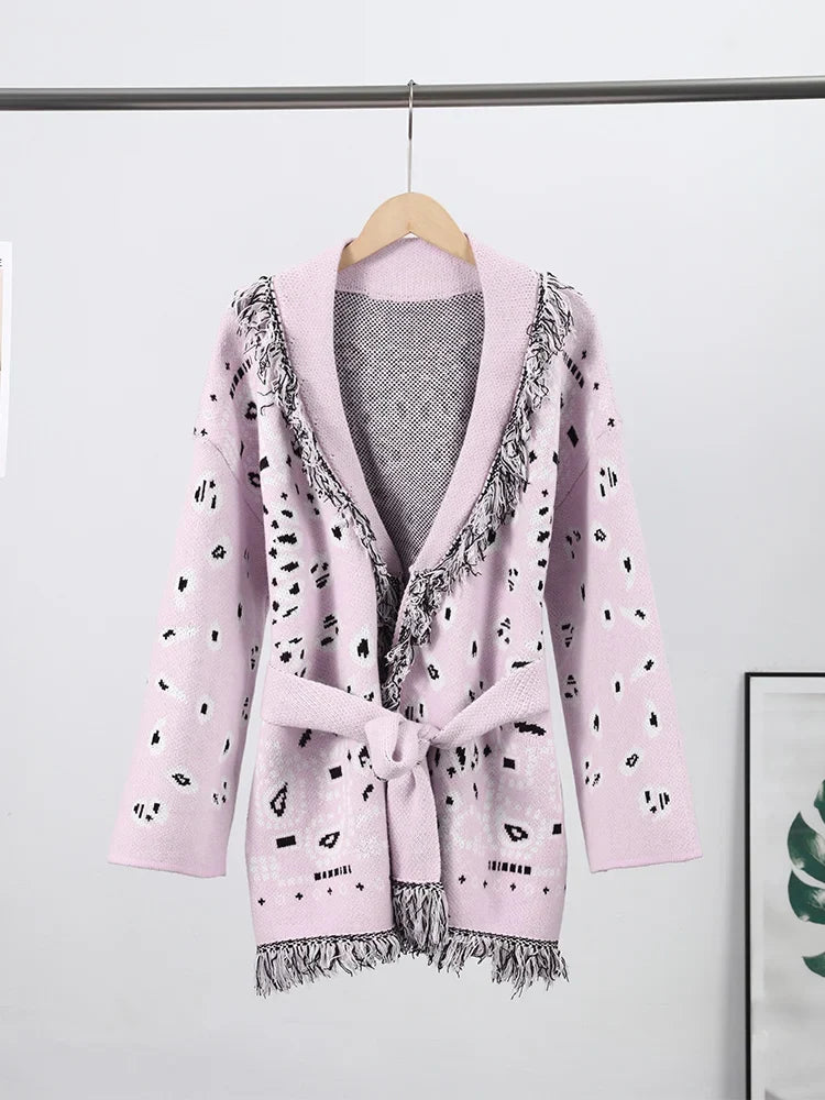 Casual Printed Cardigans Women Tassel Lace Up V-neck Full Sleeve Loose Knit Coat Female 2026 Autumn Fashion Lady Outwears