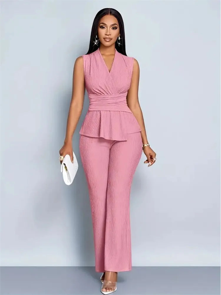 New Spring Summer Women's Trousers Two-piece Elegant Slim V-neck Sleeveless Irregular T-shirt Wide-leg Pants Office 2-piece Set