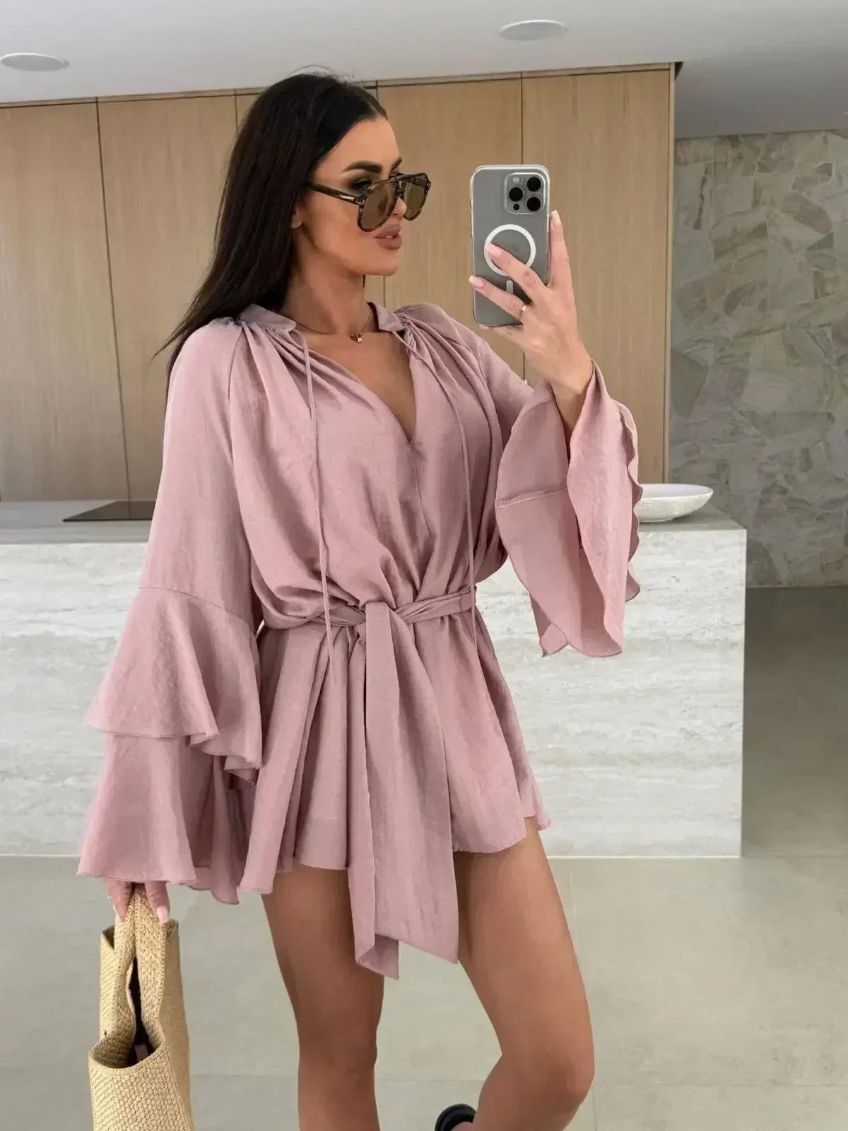 Elegant Fold Dress Women Brown Deep V-neck Long Sleeve Mini Dresses Female 2025 Spring Summer Fashion Loose Lady Vestidos