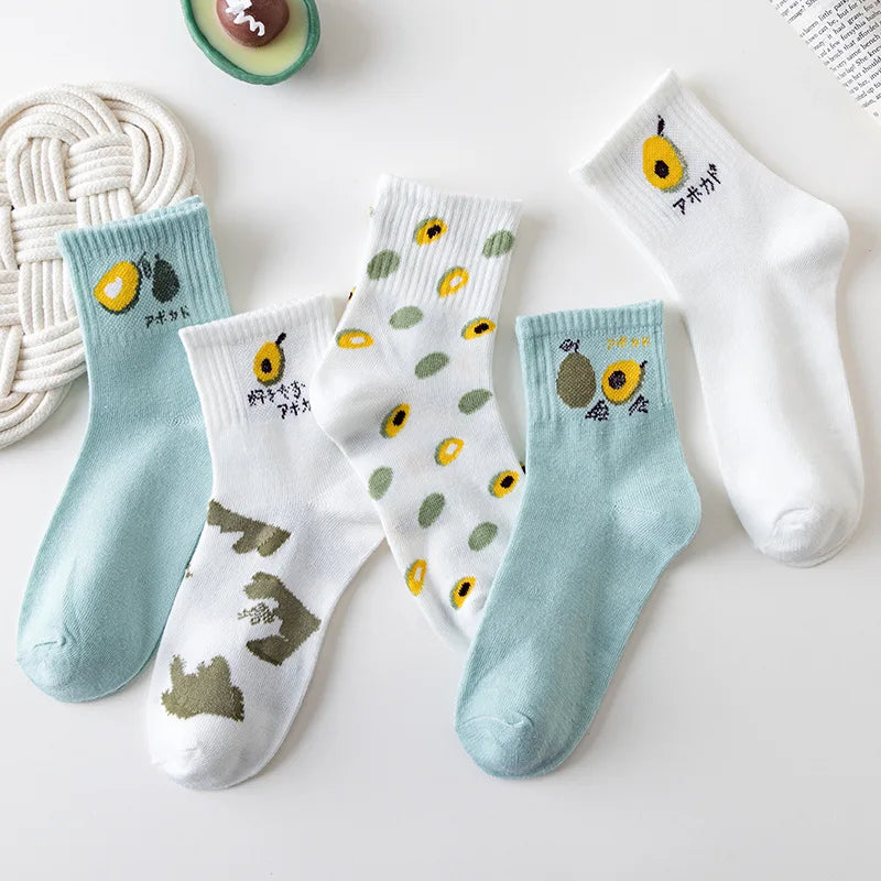 5 Pairs Women Fruit Print Socks Set Cute Casual Korean Fashion Kawaii Japanese Style Pumpkin Strawberry Banana Peach Avocado Sox