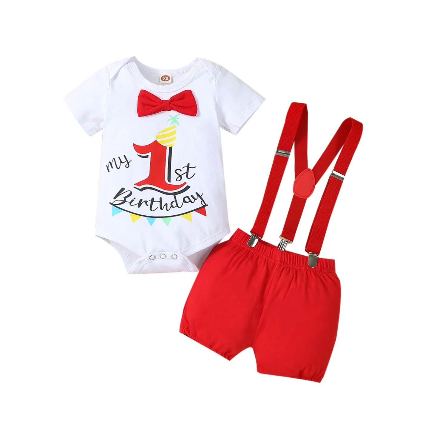 MiniFox Baby Boys Birthday Outfit For One Years Number"1“ Bodysuit and Y-back Suspender Shorts 1 Year Birthday Cake Smash Sets