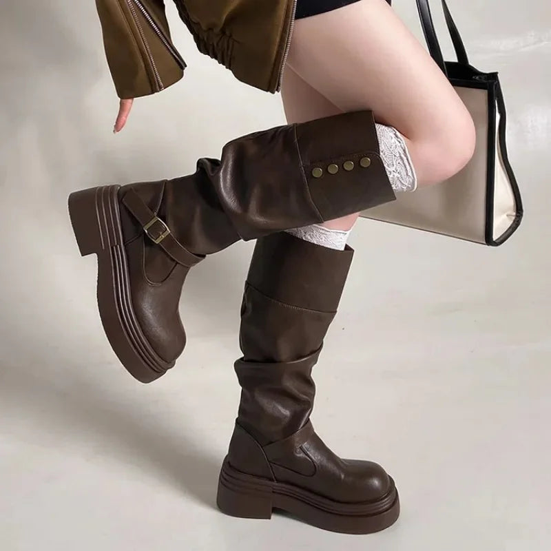 Women's High Knee Boots, Chunky Platform Stacked Rider Boots, Spring/Autumn Two-Way Edgy Fold-Over Cuff Fashion Design