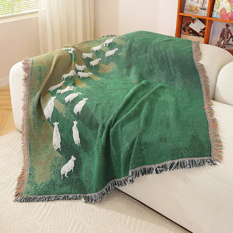 Textile City Sheep Herd Green Meadow Jacquard Woven Throw Blanket Whimsical Countryside Farm Animal Fringed Decor Sofa Blanket