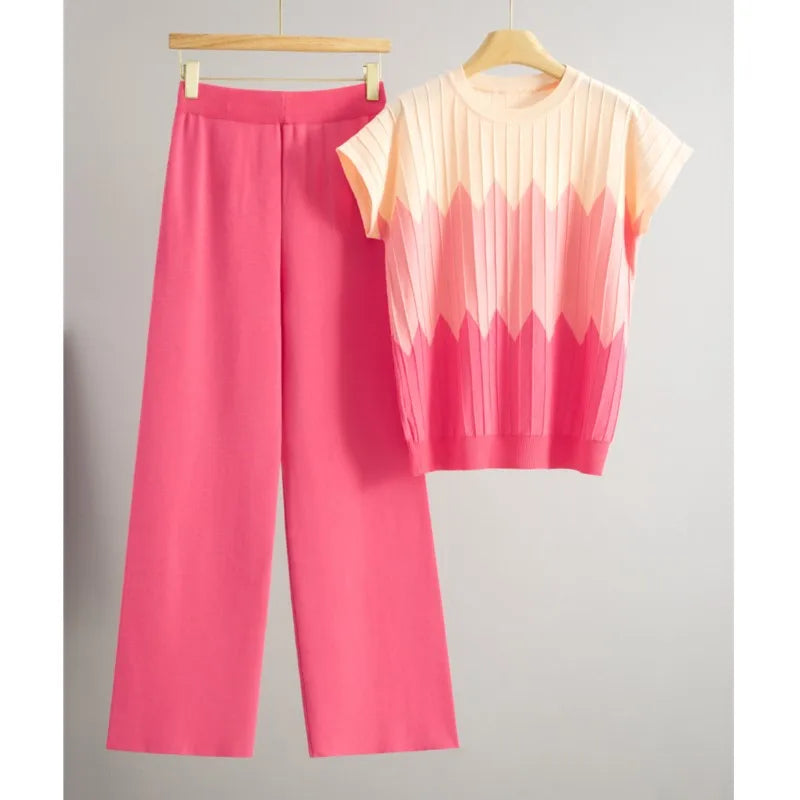 Casual Gradient Summer Knit Pants Sets Women Loungewear 2 Piece Women Set Knitted Tank Top Two Piece Set For Women
