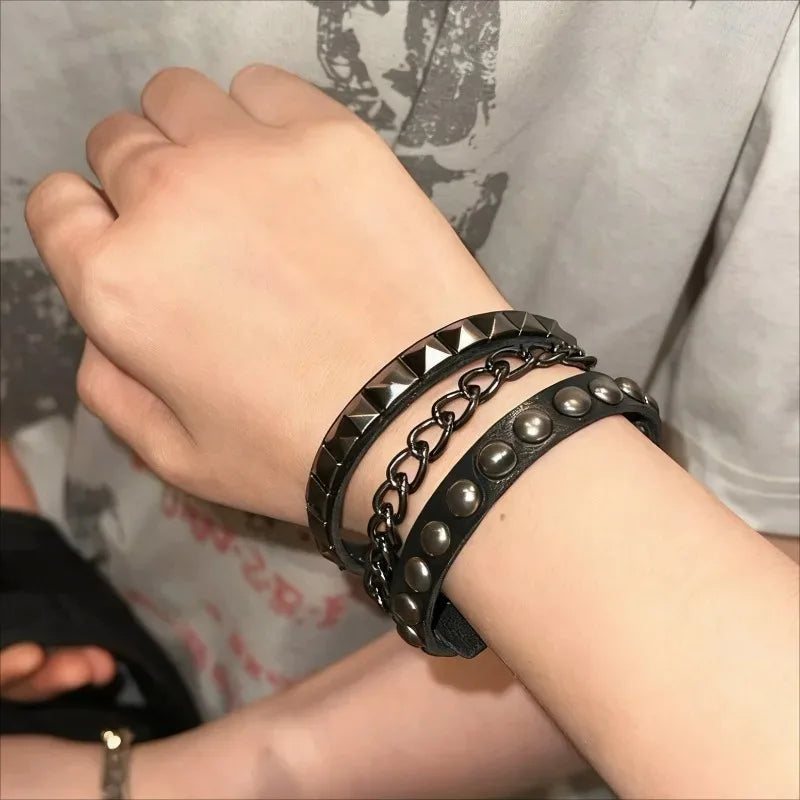 Punk Y2k Layered Bracelet Leather Band Metal Rivets and Chains Unisex Dark Aesthetic Unisex Jewelry for Daily Wear