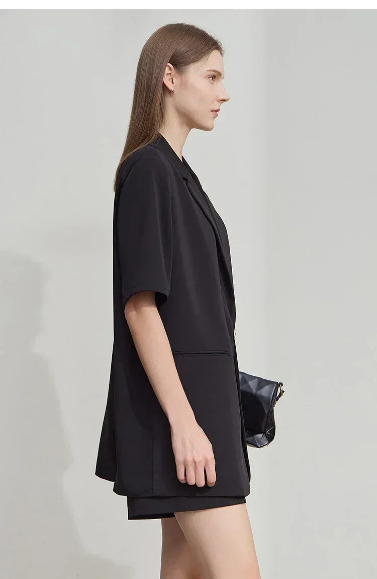 Amii Women's Top Minimalist 2025 Summer New Notched Lapel Contrast Material Patchwork One Button Short Sleeve Blazer 12542081