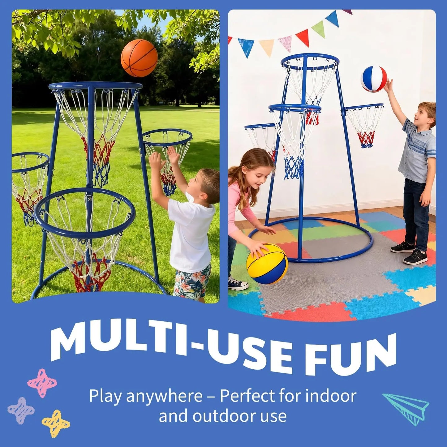 4 Hoop Toddler Basketball Set With 4 Balls & Pump, Multi Height Indoor Outdoor Basketball Goal Toy For Preschool Kids Ages 3+