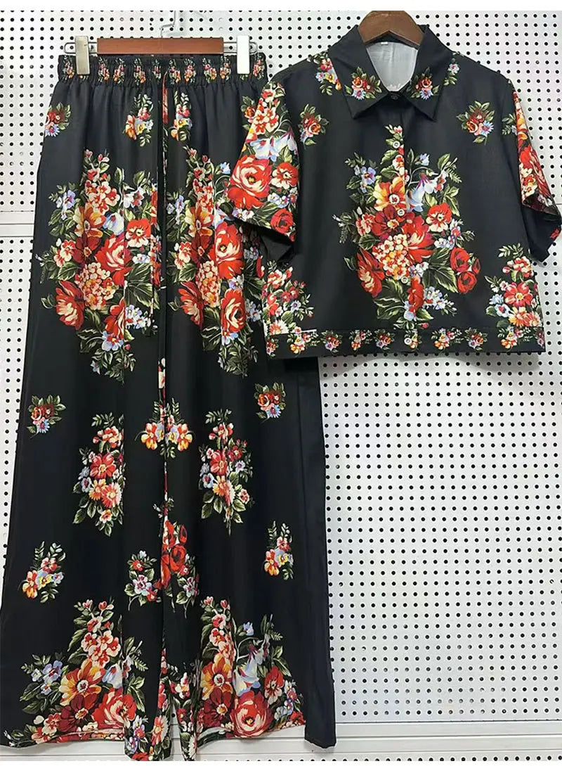 2026 Summer New Fashion Women's Print Suit Lapel Short Sleeve Short Waist Shirt + Elastic Waist Straight Trousers Two-Piece