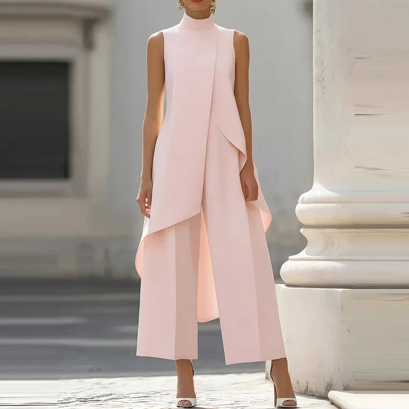 Simple Solid Color Irregular Summer Two Piece Female Stand Collar Sleeveless Top and Pants Office Suit High Street Casual Outfit