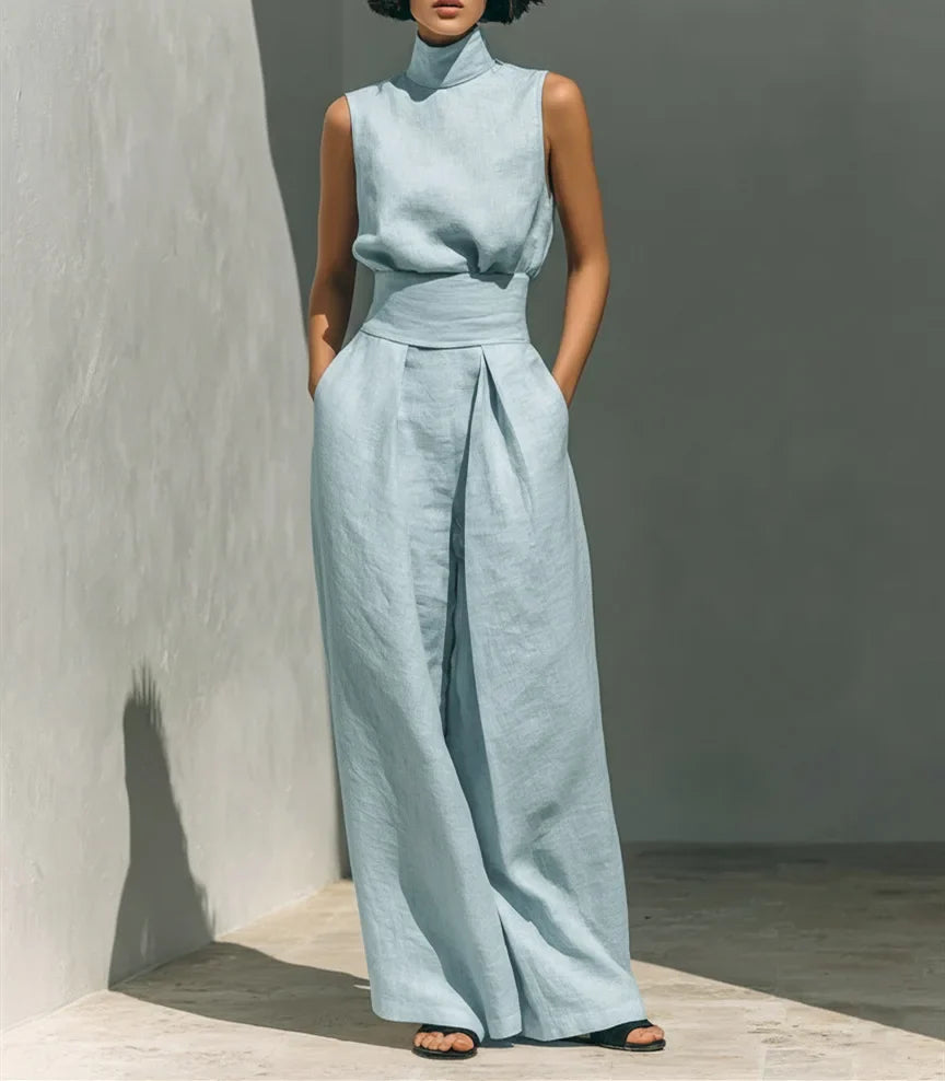 Women's Solid Color 2 Piece Set Sleeveless High Neck Top Back Keyhole High Waist Wide Leg Pants Casual Minimalist Summer Outfit