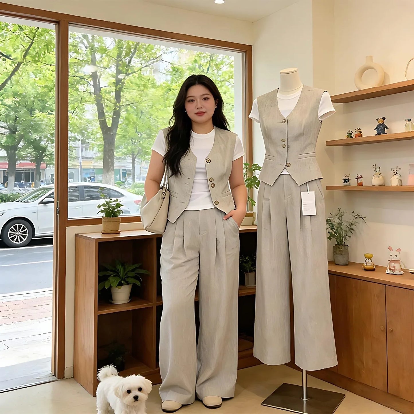 plus Size Casual Style Three Piece Set Women's Summer New White T-Shirt Sleeveless Tank Top Wide Leg Pants Ensemble