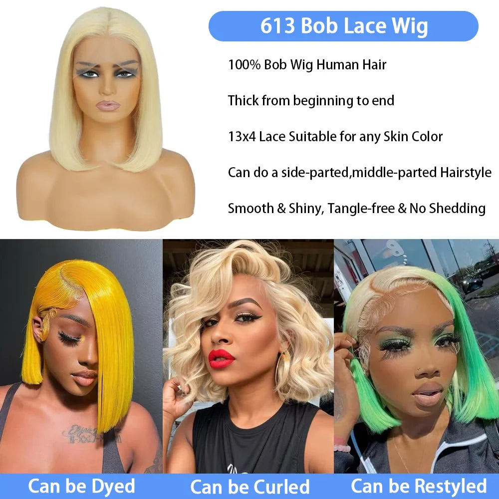 Peluca corta Bob liso de 220% de densidad, color rubio miel 613, cabello brasileño, peluca de cabello humano con encaje frontal 13x4 pre-arrancado con cabello de bebé