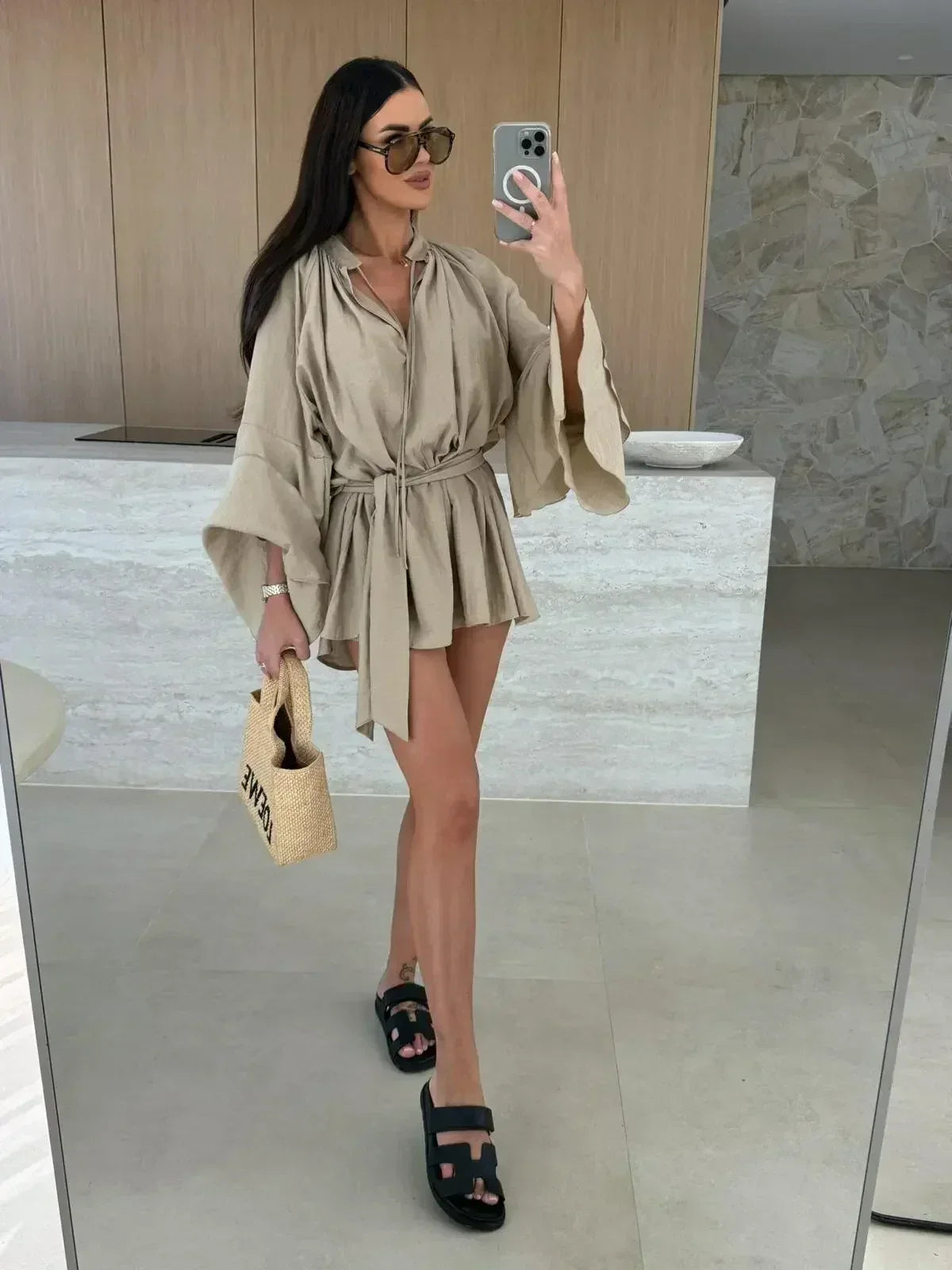 Elegant Fold Dress Women Brown Deep V-neck Long Sleeve Mini Dresses Female 2025 Spring Summer Fashion Loose Lady Vestidos