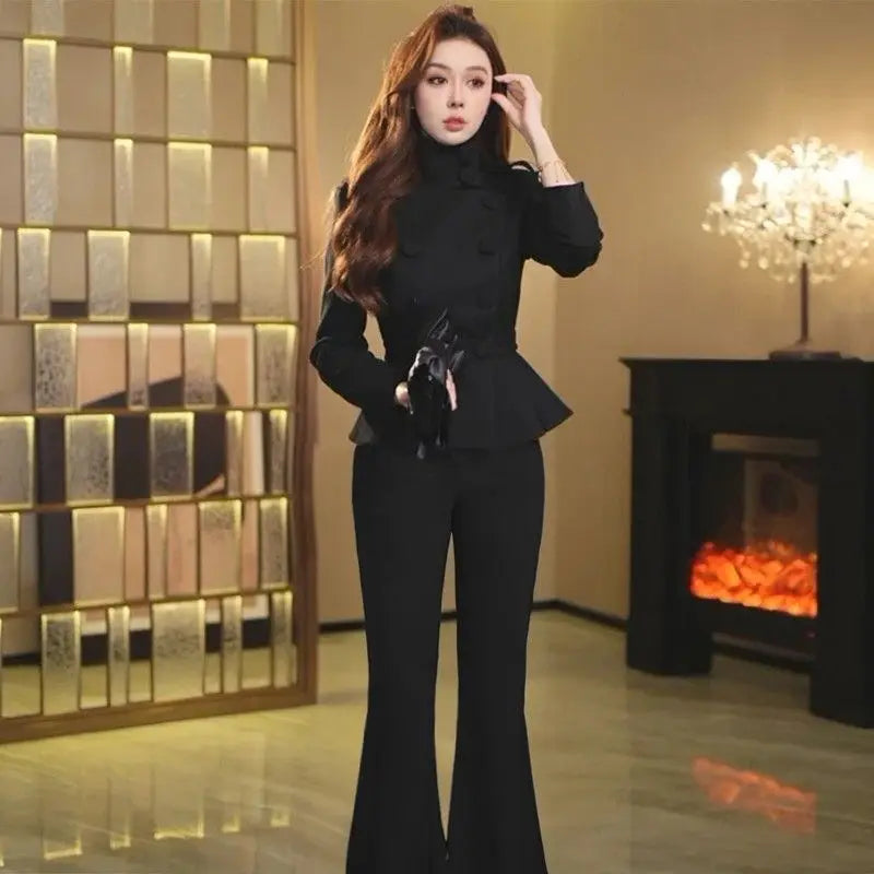 Fashion Two-Piece Set 2026 Spring And Autumn New Slim Women Double Breasted Stand Up Collar Suit Blazer Pants Suit Brown Black