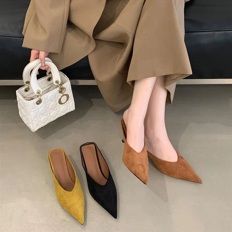 Summer Fashion Thin Mid Heels Women Slippers Elegant Pointed Toe Party Dress Mule Slides Shoes Zapatos Mujer