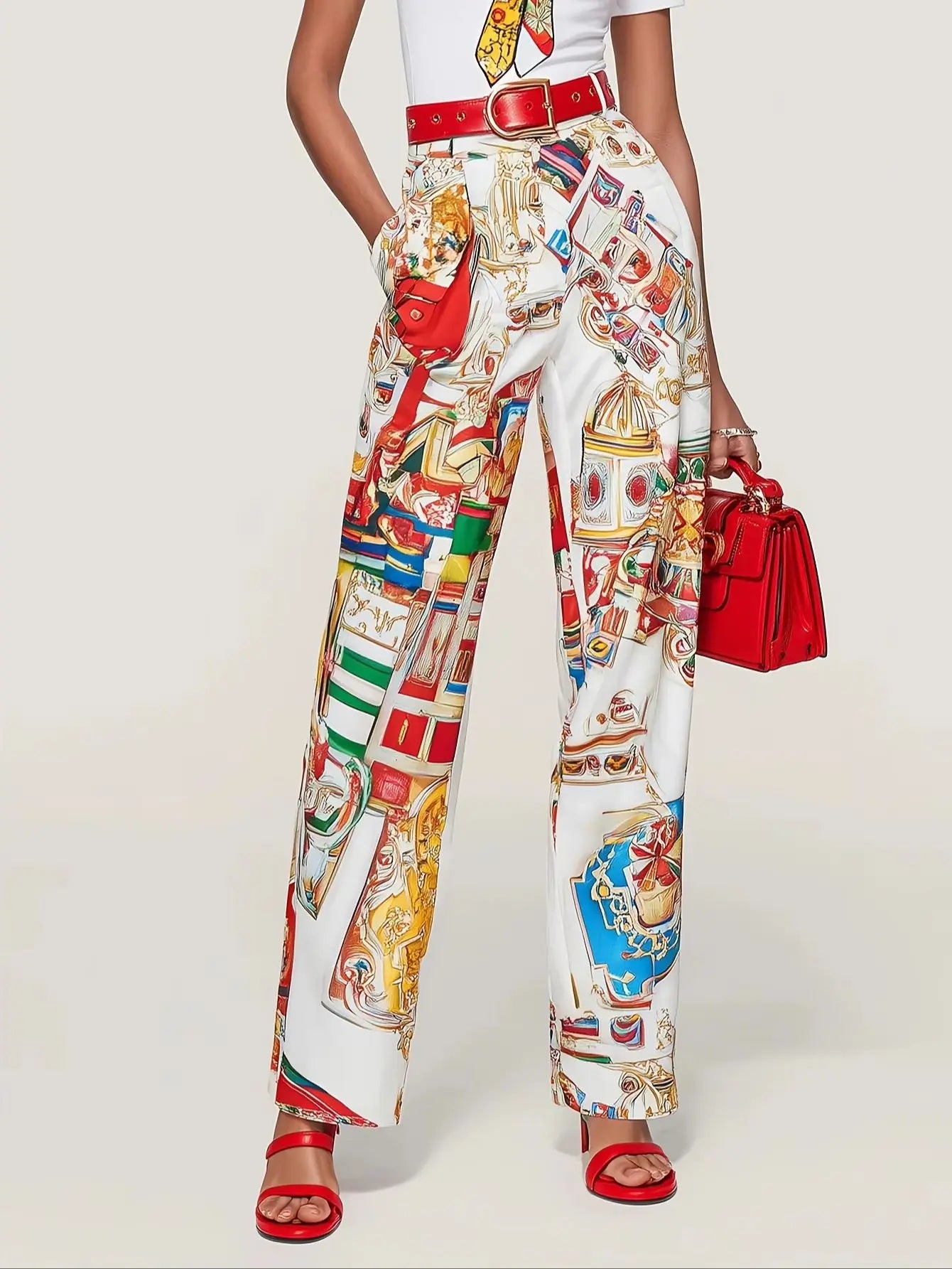 Spring Urban Patterns Printing Trousers Suit Women Round-neck Short Sleeve Tops+high Waist Straight Pants Autumn Two Piece Set