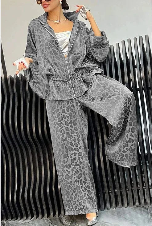Spring Autumn Fashion Leopard Print 2 Piece Sets Women Fall Lapel Zipper Drawstring Coat Wide-leg Pants Outfit  Long Sleeve Suit