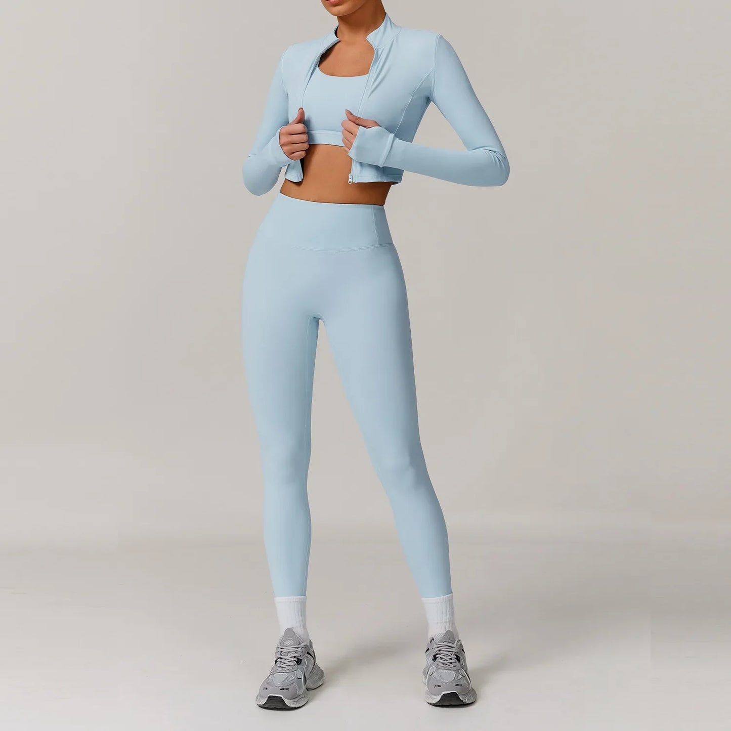 Conjunto Deportivo de 3 Piezas para Entrenar: Sujetador Deportivo, Leggings de Gimnasio de Tiro Alto y Manga Larga