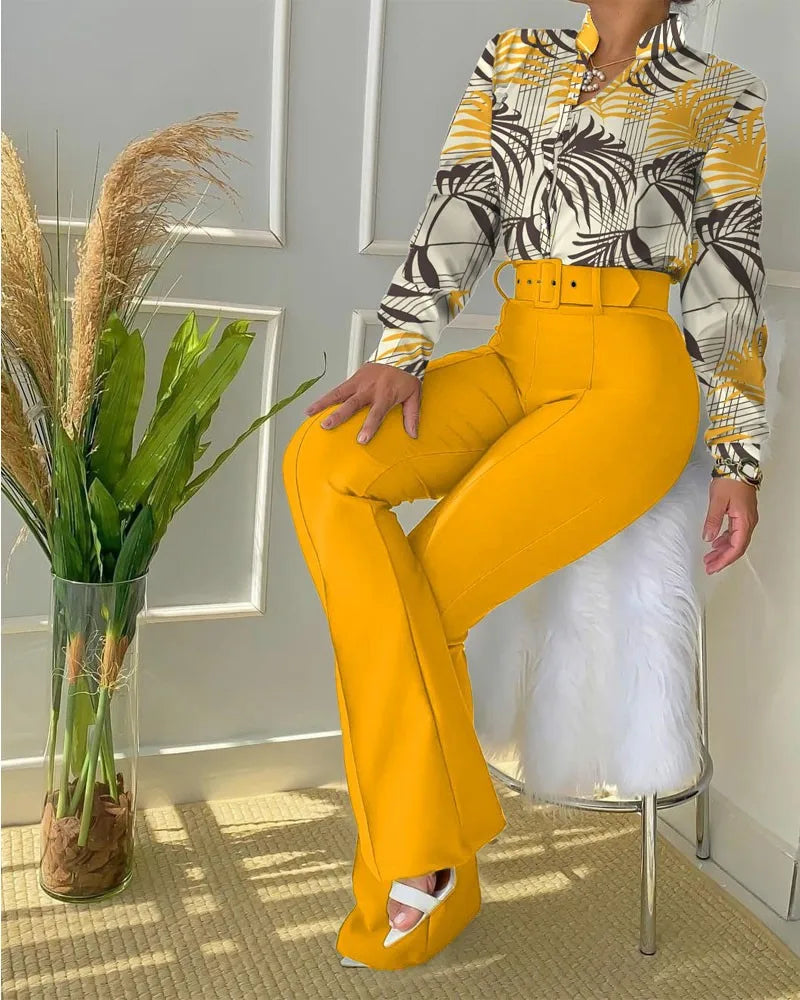 Women Autumn Winter Trouser Set Pants Suit Belt Long Sleeve Turndown Collar Button Printing Color Casual Fashion Regular Pants
