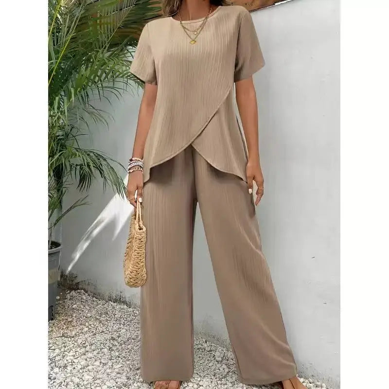 2 pieces women sets 2026 summer short-sleeved irregular round-neck loose top+casual solid color pant sets women's clothing