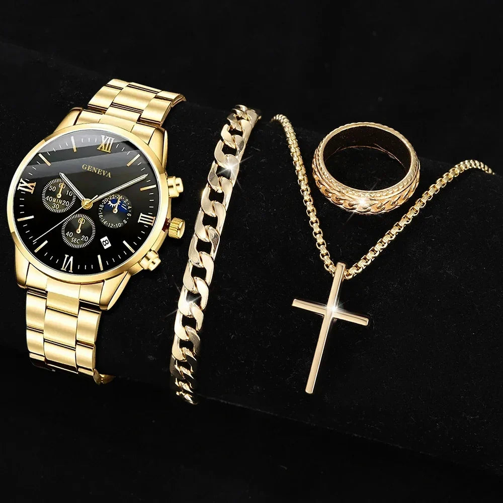 4PCS Men's Watch Set Fashion Trend Business Quartz Watch Cross Pendant Necklace Ring Bracelet Jewelry Set Perfect Gift for Him