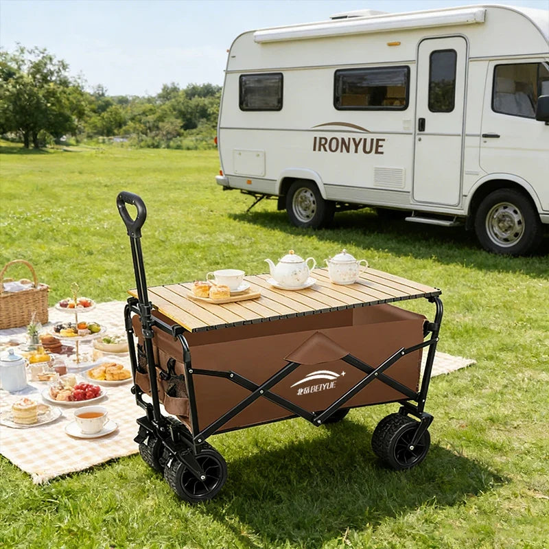 Heavy Duty Foldable Camping Wagon with Wooden Table Board All-Terrain Wheels Collapsible Utility Cart Large Capacity Portable