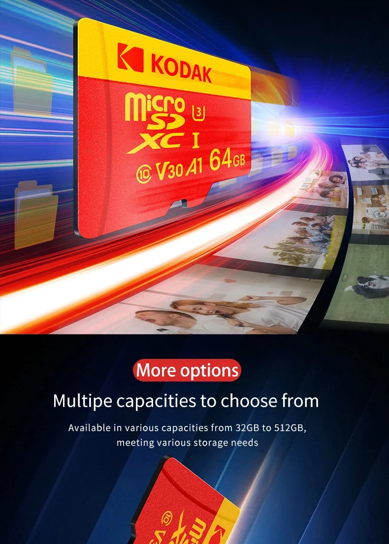 KODAK 128GB Micro SD Card U3 V30 256GB 64GB 32GB 4K High Speed TF Card for Phone Camera Drone Original TYPE-C Reader