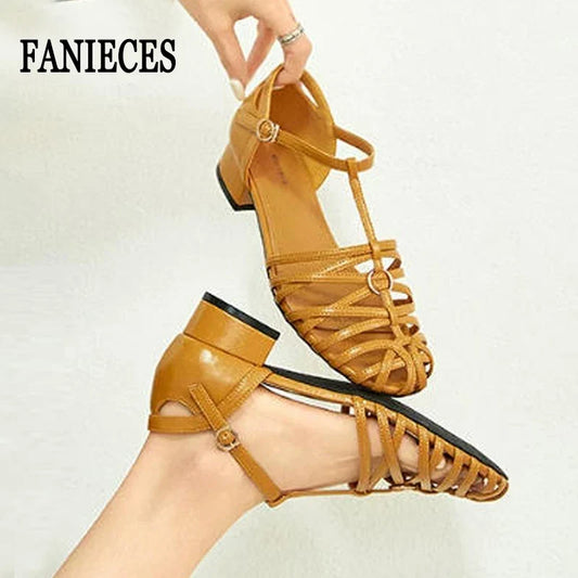 Plus Size Women Roman Sandals Woven Chunky Heel Closed Toe Ankle Strap Hollow Vintage Fashion Dress Beach Gladiator Sandalias