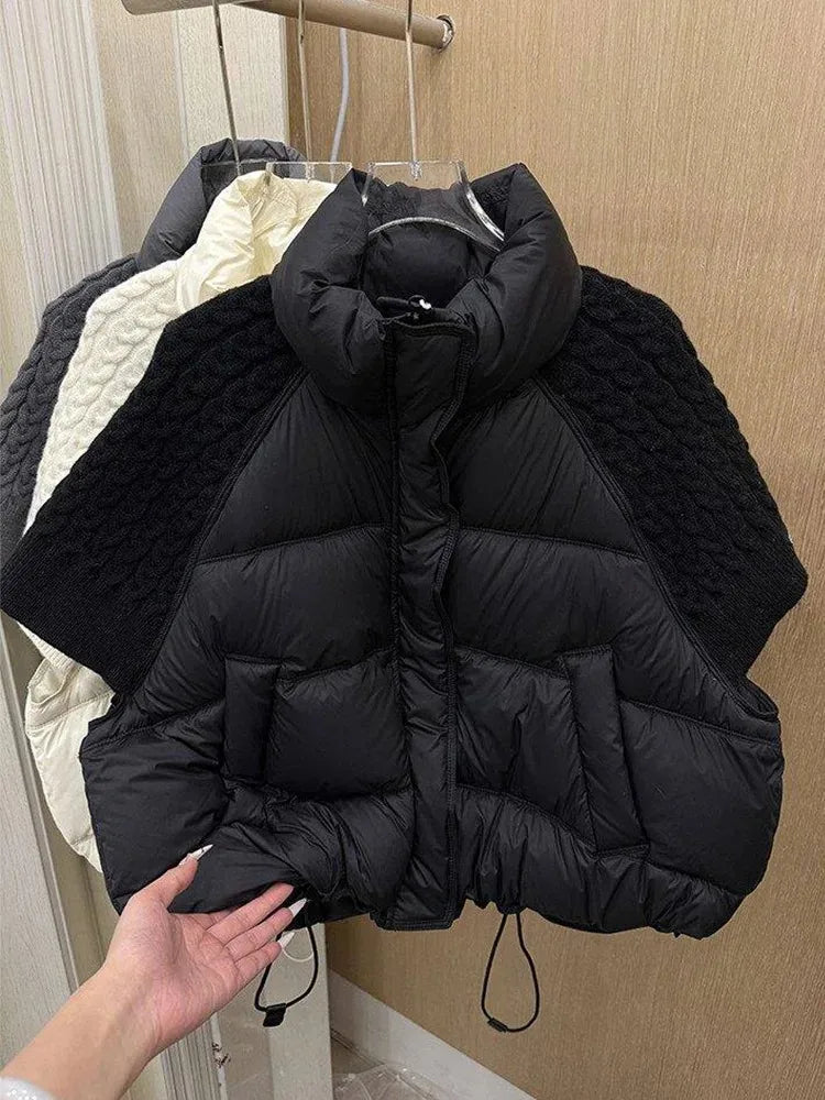Short Puffer Jacket Sleeveless Duck Down Coat Warm Lightweight Patchwork Knitted Warm Drawstring Short Puffer Down Waistcoat