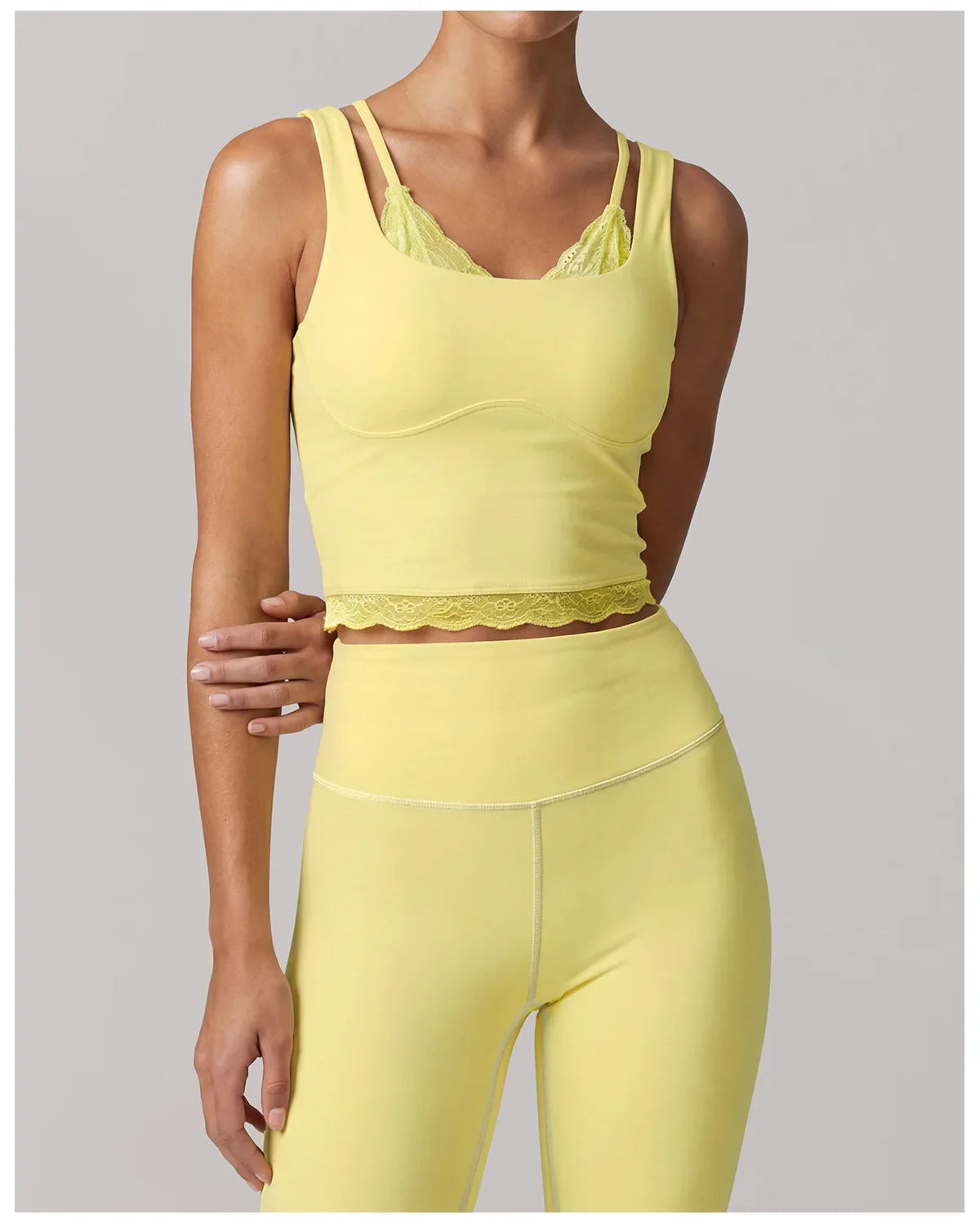 Fake Two Piece Tank Top Yoga Sets Women Lace V Neck Sports Vest Fitness Suit Hip Lifting High Waist Leggings Workout Clothes