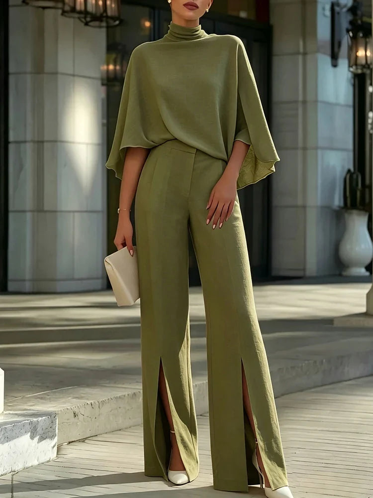 Summer Chiffon Women's 2 Piece Temperament Solid Color Half Sleeve Tops And Pants Sets Elegant High Waist Wide Leg Pants Outfits