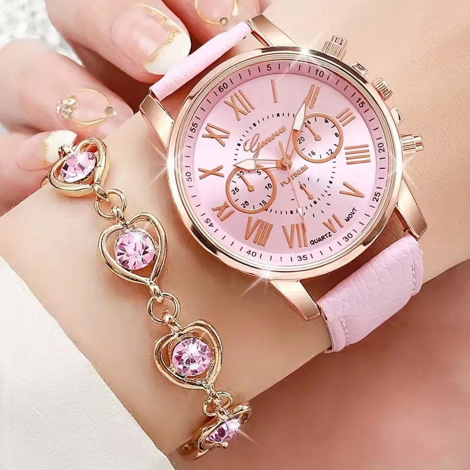 Fashion Women's Quartz Watch Leather Band Analog Wrist Watches Heart Rhinestone Jewelry Set(With Exquisite Gift Box)