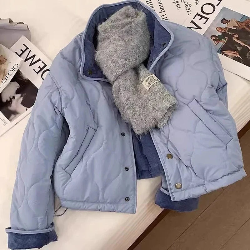 MEXZT Corduroy Parka Women Fashion Patchwork Puffer Jacket Winter Korean Down Coats Long Sleeve Casual Cotton Padded Outerwears