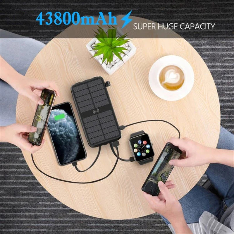 43800mAh Solar Power Bank Quick Wireless Charger External Battery Pack PD 20W Powerbank Built Cables LED Light for iPhone Xiaomi